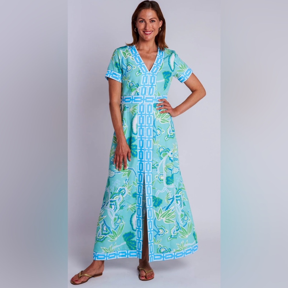 Floral V-Neck Maxi Dress in Aqua Blue